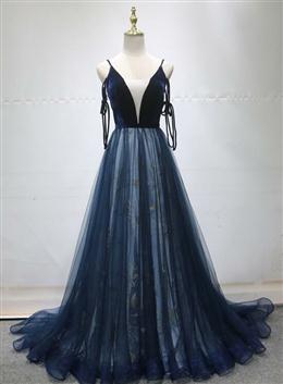 Picture of Blue A-line Straps Tulle Long Evening Dresses Party Dresses, Blue Bridesmaid Dresses